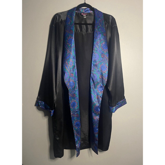 Fredericks of Hollywood Vintage Black Robe Blue Paisley Print No Belt One Size - Picture 1 of 8
